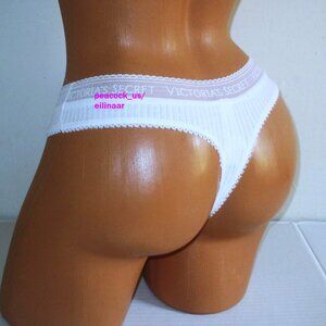 Victorias Secret Cotton Thong Panty S  XL Logo Waist Pointelle Snow White NWT